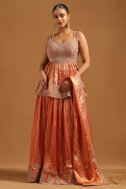 Rust Fendi Embellished Lehenga With Mirror & Stone